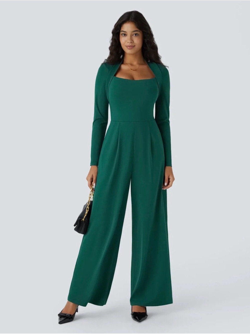 Halara Size L Easy Peezy‎ Wide Leg Jumpsuit Emerald Green Minimalist Long Sleeve
